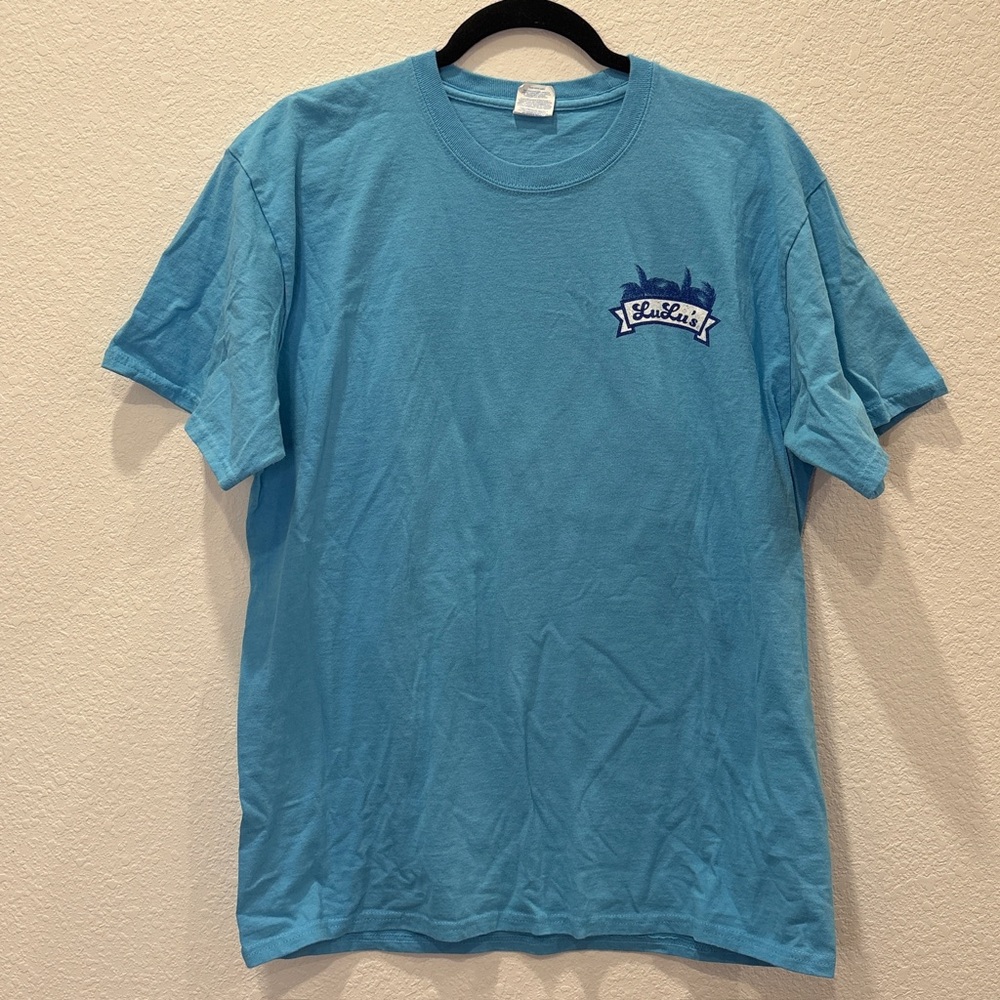 Lulu’s Easy Breezy Graphic Tee Blue Lucy Buffett Beach Shirt Large
